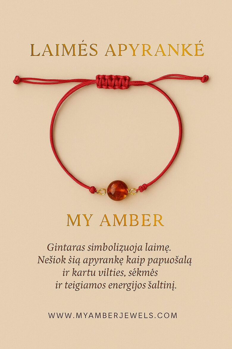 Raudona laimės apyrankė su facetuotu konjako spalvos gintaru